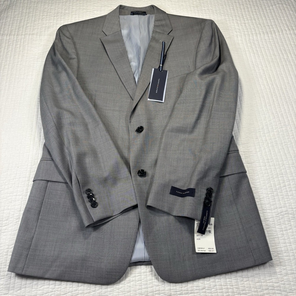 Tommy Hilfiger Adams Suit Jacket Mens 40R Gray Worsted Wool Trim Fit NWT Blazer